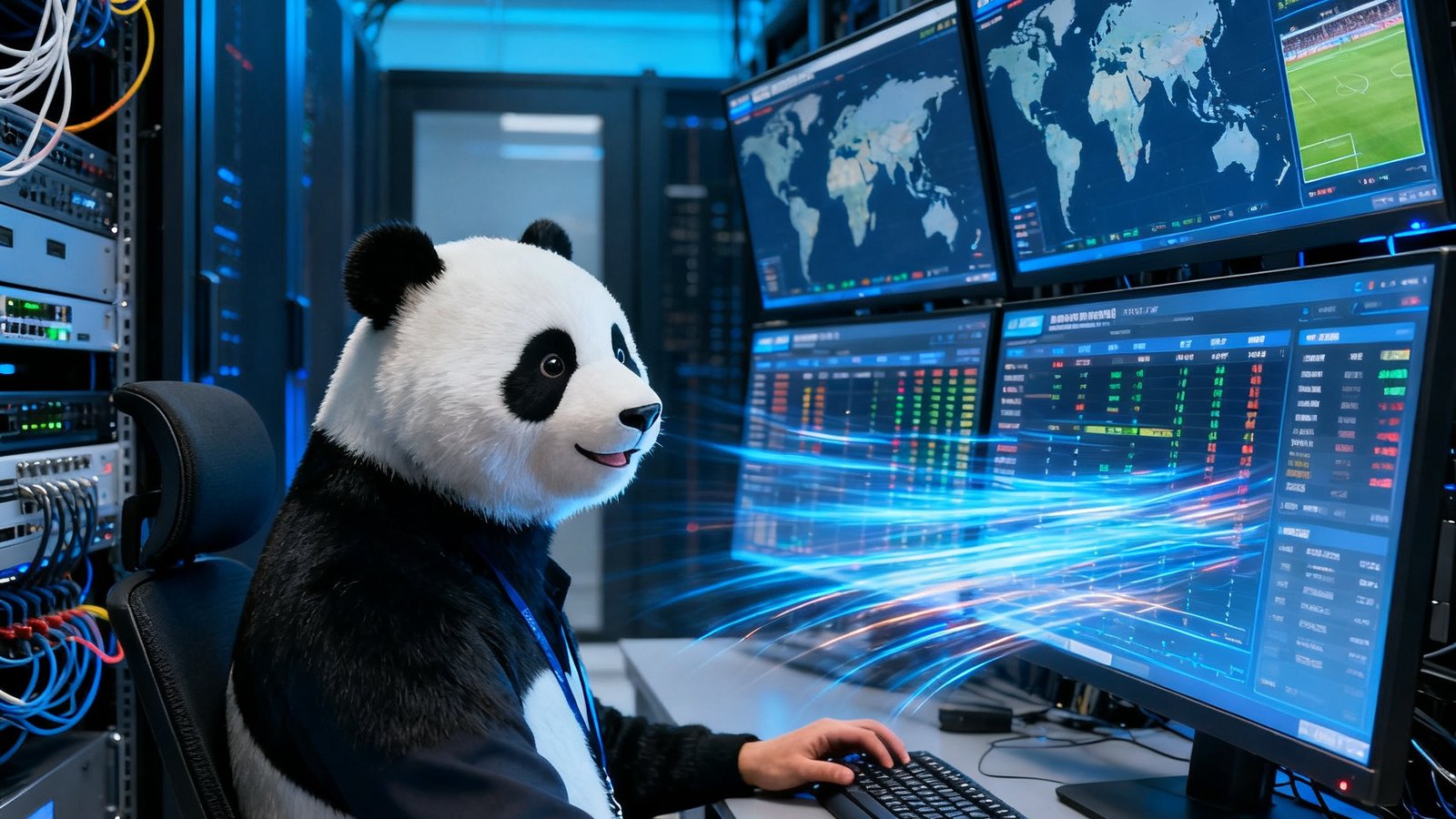 熊猫比分技术团队在现代化数据中心内监控全球体育数据链路的日常工作场景