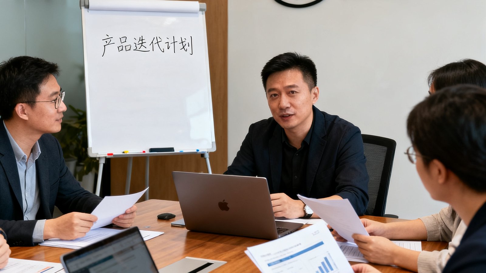 熊猫比分创始人兼CEO陈志远在办公室中与团队讨论产品方案的工作场景
