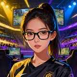 一位戴眼镜的女性电竞爱好者头像，身后是电竞比赛现场